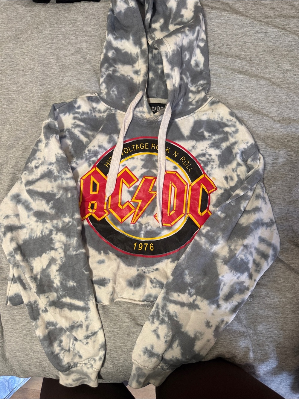 AC/DC Gray & White Tie-Dye cropped Hoodie with Red and Yellow Logo